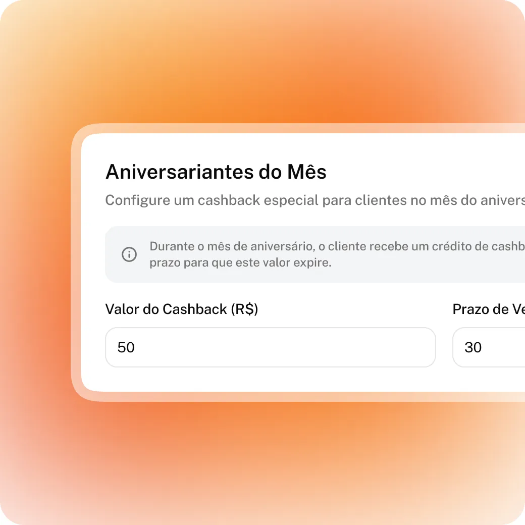 Configuração da automação de aniversariantes do mês no Kiskadi, com valor de cashback e prazo de validade.