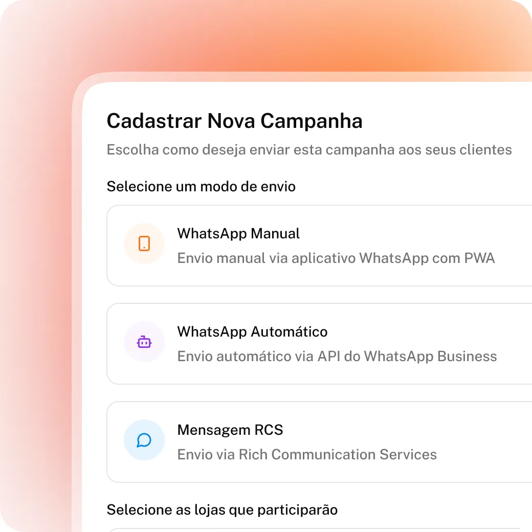 Cadastro de nova campanha no Kiskadi, com a escolha entre WhatsApp manual, WhatsApp automático e RCS.