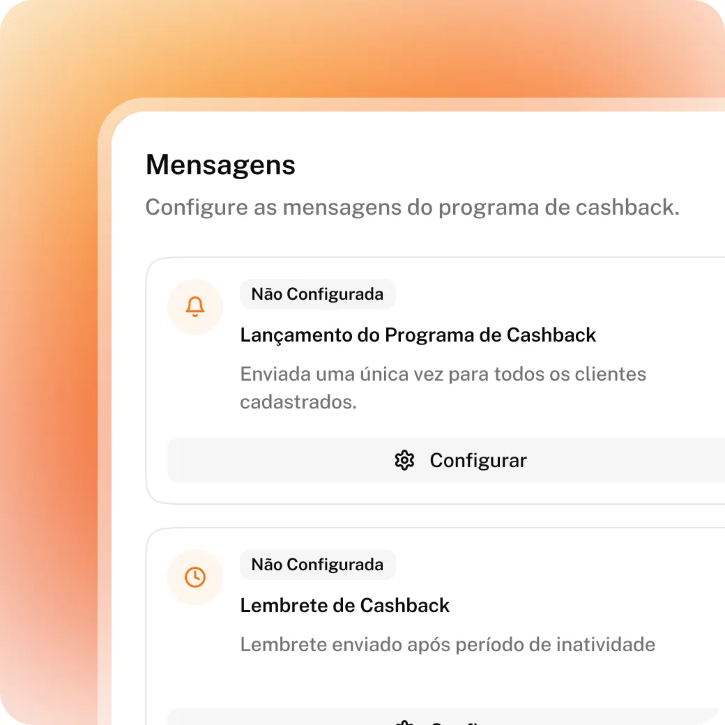 Mensagens do programa de cashback no Kiskadi: lançamento do programa e lembrete de saldo acumulado.