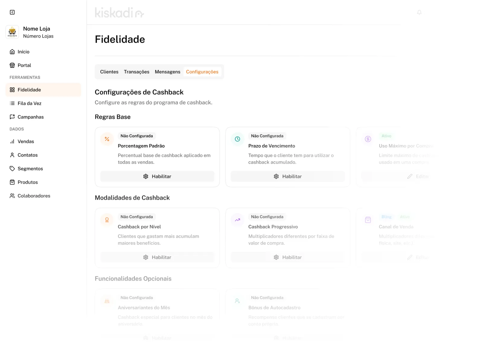 Tela de Configurações de Cashback do Kiskadi, com as regras base e as modalidades do programa.