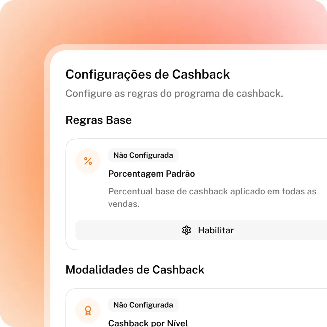 Configurações de Cashback no Kiskadi: porcentagem padrão, prazo de vencimento e uso máximo por compra.