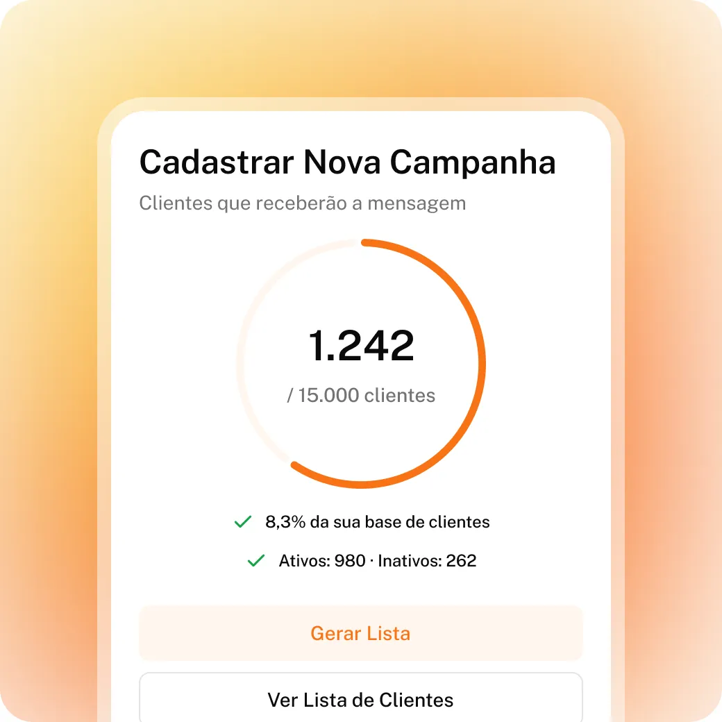 Cadastro de uma nova campanha no Kiskadi: os filtros selecionaram 1.242 de 15.000 clientes, 8,3% da base.