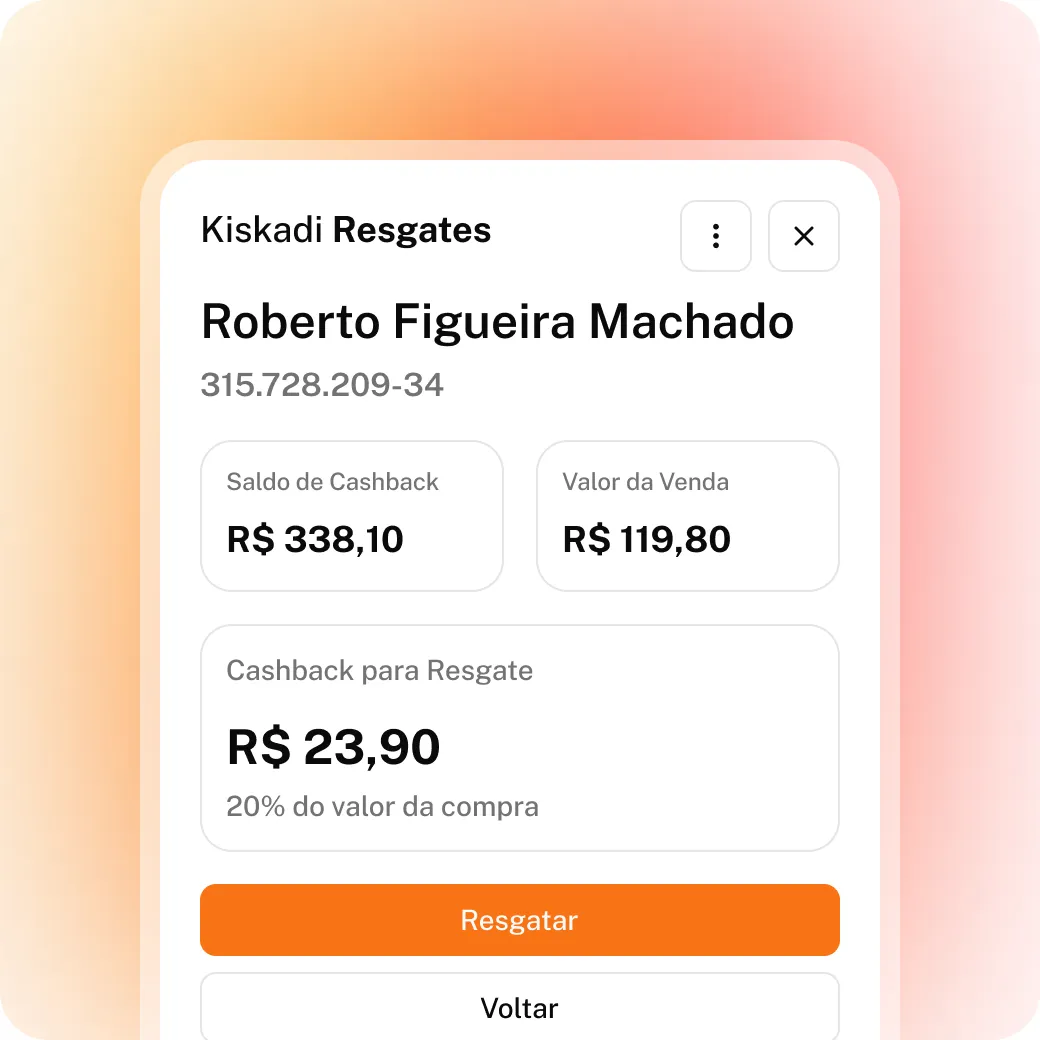Tela de resgate do Kiskadi: o cliente tem R$ 338,10 de saldo e pode resgatar R$ 23,90 numa compra de R$ 119,80.