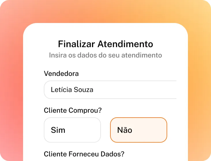 Tela de finalizar atendimento no Fila da Vez, com a vendedora e o resultado da venda.