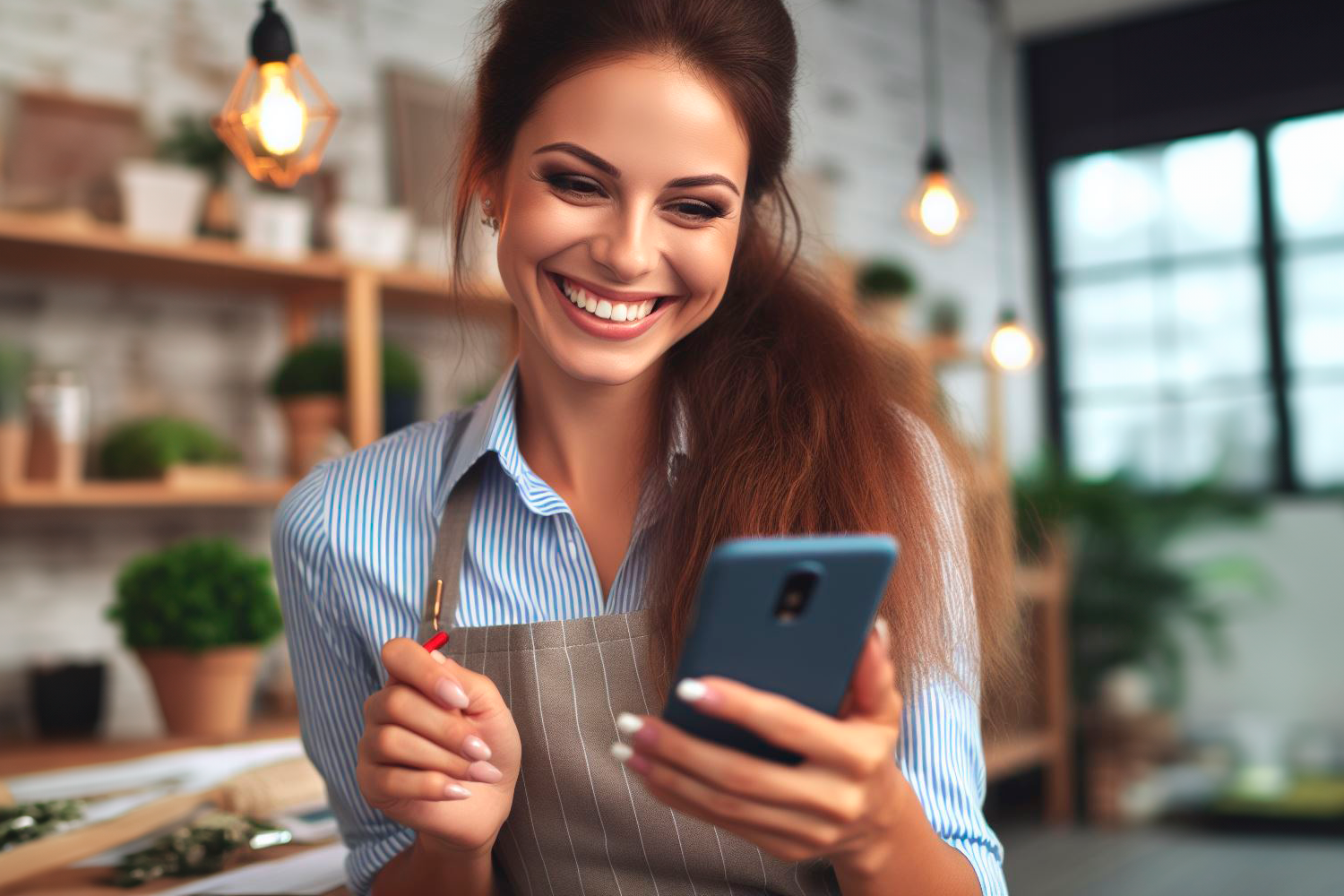 Vendedora enviando mensagem de pós-venda para cliente pelo celular