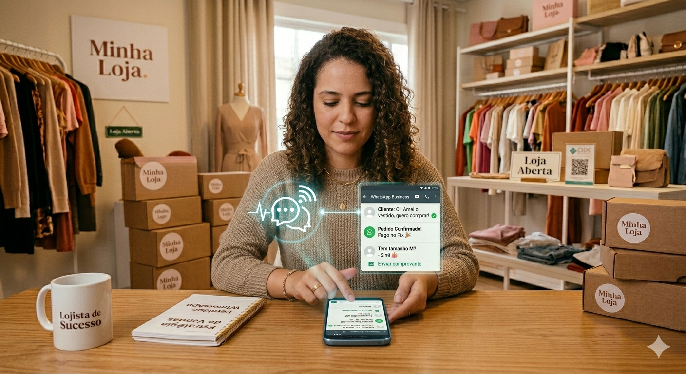 Lojista usando WhatsApp Business para se comunicar com clientes da loja física
