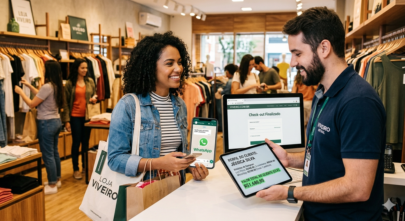 Lojista consultando histórico omnichannel de cliente no sistema Kiskadi CRM
