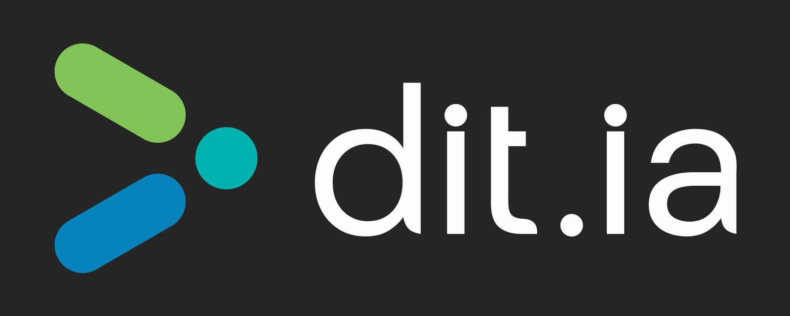 Logo da dit.ia: duas setas arredondadas em verde e azul com um ponto turquesa, ao lado do nome dit.ia