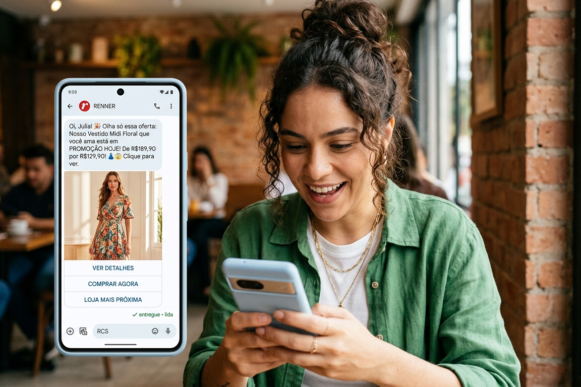 Mensagem RCS exibida no celular com imagem de produto e botões interativos