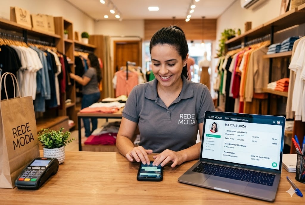 Vendedora de loja física atendendo um cliente pelo WhatsApp com o histórico de compras à mão